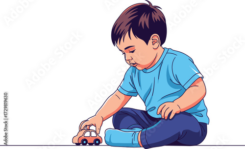 Young boy sitting and playing with toy car digital illustration