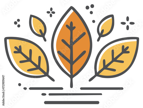 Stylized Autumn Leaves with Sparkles and Flowing Lines Vector Art