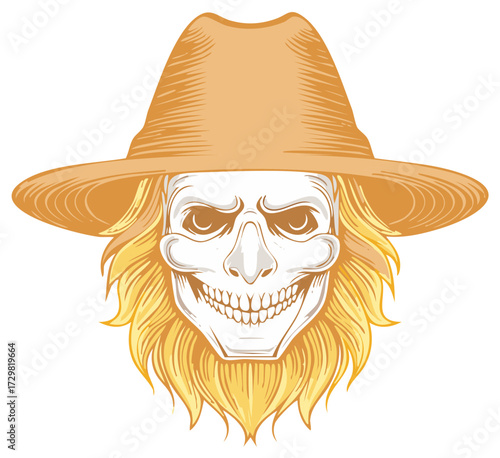 Scary Skull Cowboy Hat Skeleton With Yellow Mane Hairstyle