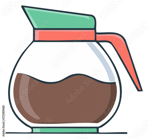 Glass coffee pot with coffee inside, container with handle, green top and base, vector illustration with line art style design