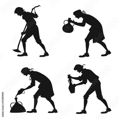 Silhouette of a man in historical clothing performing various tasks like digging and pouring liquid from jugs