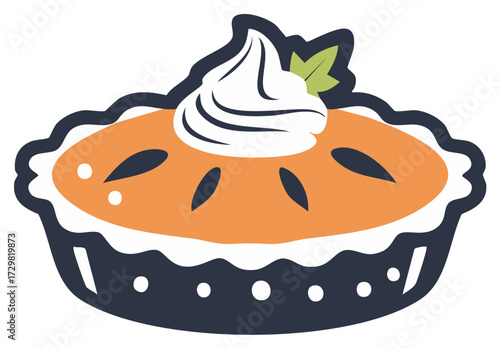 Whimsical pumpkin pie illustration with a dollop of whipped cream and a decorative leaf