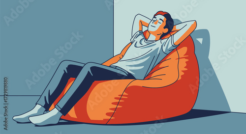 Young man relaxing on orange beanbag chair flat vector illustration