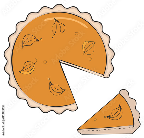 Festive Pumpkin Pie Illustration with Slice Ready to Serve Holiday Dessert