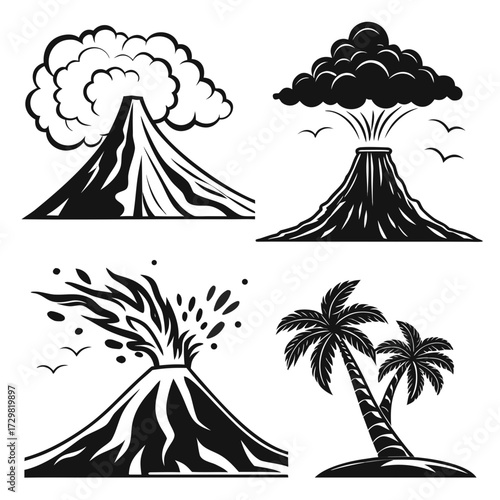 Set of stylized black and white volcano illustrations showing eruption smoke lava and tropical palm trees on an island