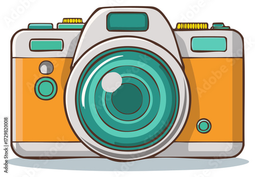 Stylized Retro Photo Camera with Orange Body and Teal Lens Vector Art Illustration