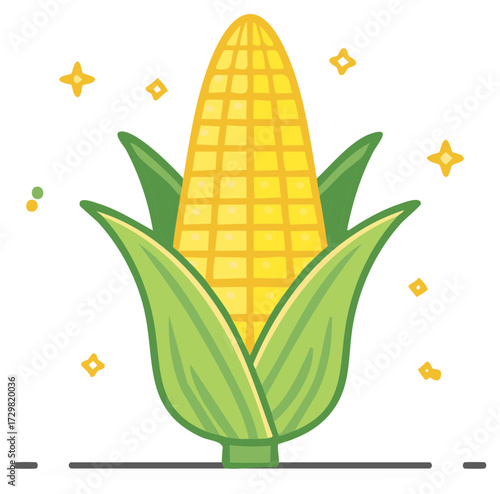 Stylized cute cartoon illustration of a fresh corn on the cob with sparkles