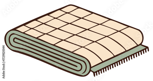 Hand drawn illustration of a folded quilted blanket or picnic rug with a checkered pattern and fringe