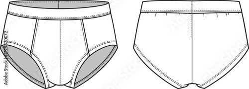 Men’s underwear cad drawing front and back, fashion flat vector template, clothing design sketch, apparel garment outline, technical illustration