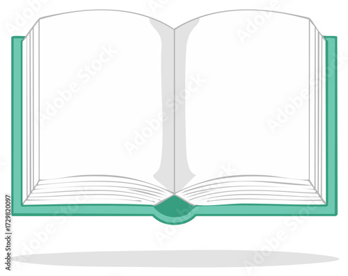 Open book illustration, blank pages, green cover, reading concept, learning, education