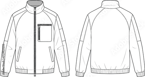 Jacket cad drawing front and back, fashion flat vector template, technical clothing illustration, outerwear design sketch, apparel garment outline