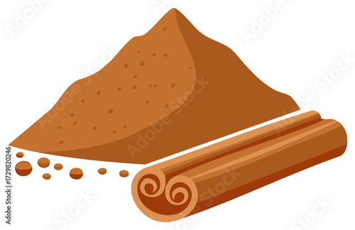 Aromatic Cinnamon Powder Pile with Stick, Brown Spice Ingredient for Baking and Cooking