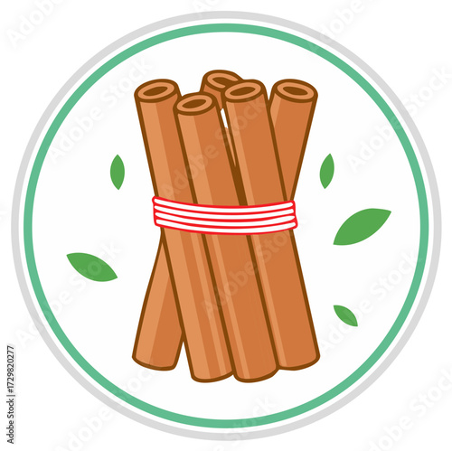 Bundle of cinnamon sticks with leaves, illustration, round logo.