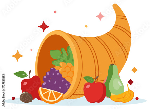 Abundant Harvest Horn of Plenty with Fruits, Vegetables, and Nuts Still Life Arrangement