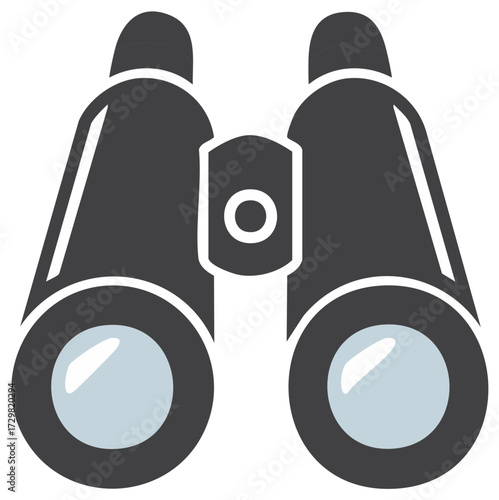 Dark gray binocular illustration with gray lens for observing, viewing, and seeing, ideal for search, adventure, or surveillance concepts.