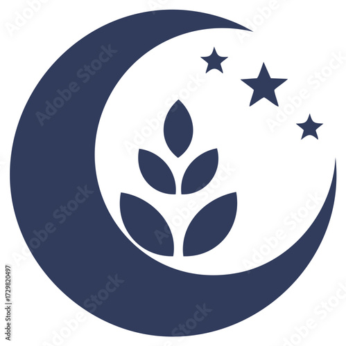 Celestial Crescent Moon and Starry Night Sky with Plant Growth Symbol