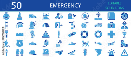 Emergency Solid Icons – Vector Pack of 50 Editable Symbols for Safety, First Aid, Rescue, Police, Ambulance, Firefighting, Disaster Management, Medical Response, and Hazard Preparedness Projects