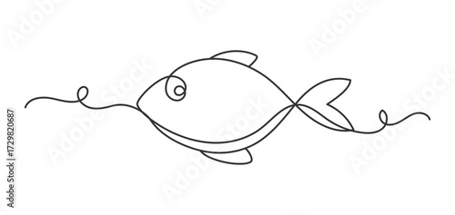 Continuous one line fish animal line art isolated flat style design.