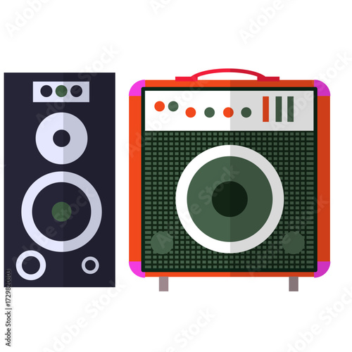 Illustration of audio equipment including a tall speaker and a vibrant orange amplifier