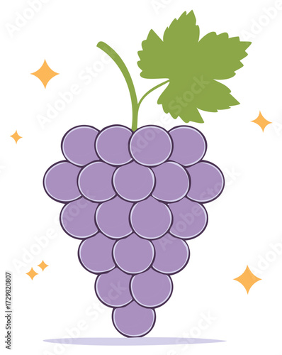 Cartoon illustration of a bunch of purple grapes with a green leaf and sparkling stars