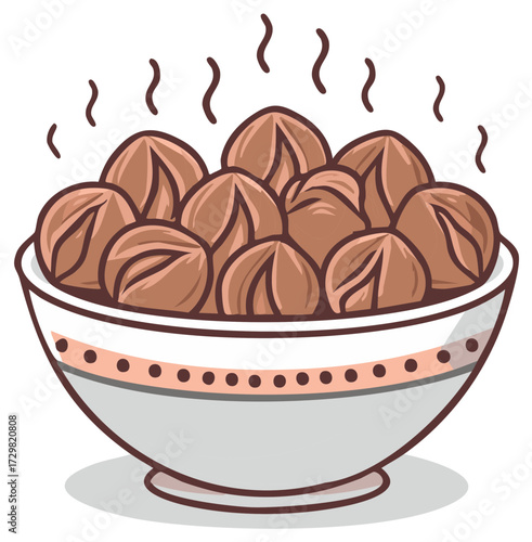 Cartoon illustration of a bowl of hot steaming roasted chestnuts