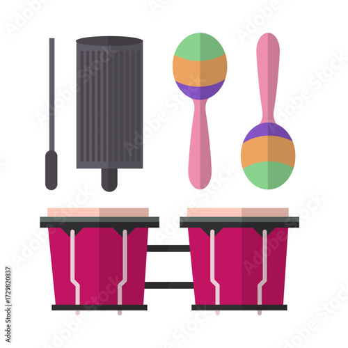 Collection of percussion instruments including bongos, maracas and guiro