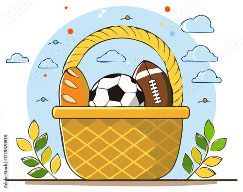 Picnic basket filled with a soccer ball, football, and bread for an outdoor sports day