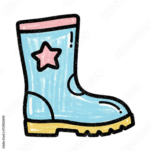 Cute hand-drawn illustration of a child's blue rain boot with a pink star. Adorable doodle symbolizing childhood, rainy day fun, and outdoor play