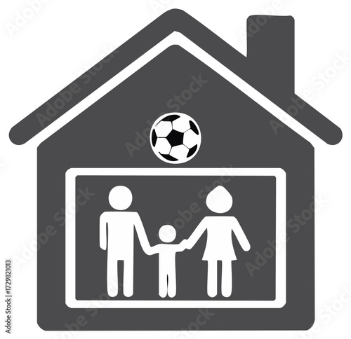House icon with family and soccer ball representing home life, sports, and family hobbies