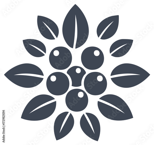 Organic berry and leaf symbol arranged in a symmetrical flower shape vector graphic