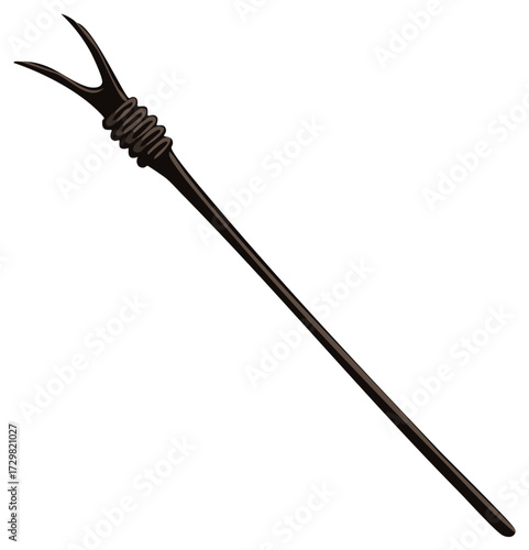 Stylized Dark Spear or Ceremonial Staff with Forked Tip and Ribbed Grip Illustration