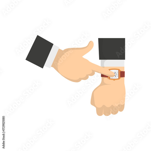 Close-up of a person's hand wearing a wrist watch and pointing at it