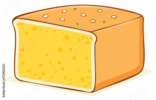 Cartoon illustration of a delicious golden yellow bread loaf with seeds and herbs