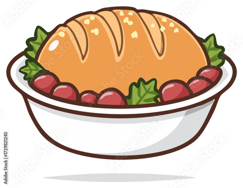 Festive cartoon roasted turkey or chicken dinner with cranberry garnish in a serving bowl