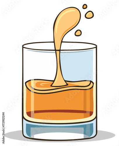 Amber liquid splashing and forming droplets in a clear glass tumbler