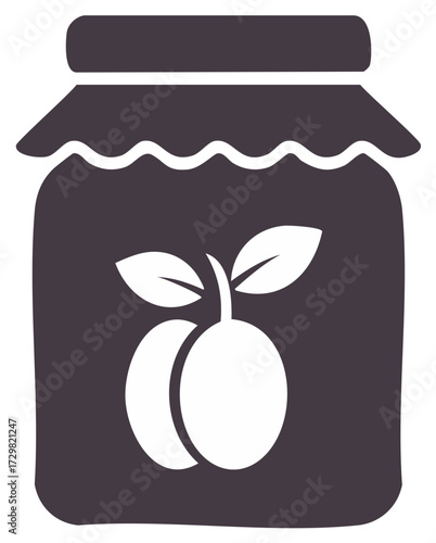 Simple icon of a plum jam jar with two plums and leaves on the label