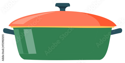 Modern Green Dutch Oven with Orange Lid and Dark Handles