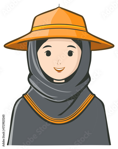 Woman Wearing Asian Conical Hat and Gray Shawl Cartoon Illustration