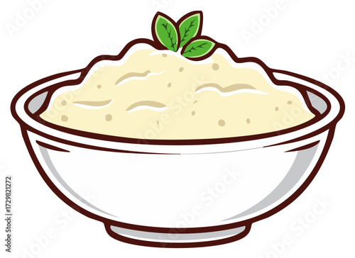 Illustration of Mashed Potatoes in a White Bowl with Green Leaf Garnish