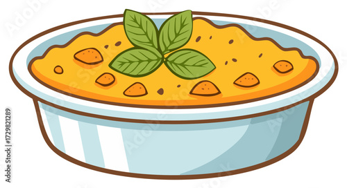 Creamy Corn Soup in Bowl with Basil Topping Illustration Cartoon Food