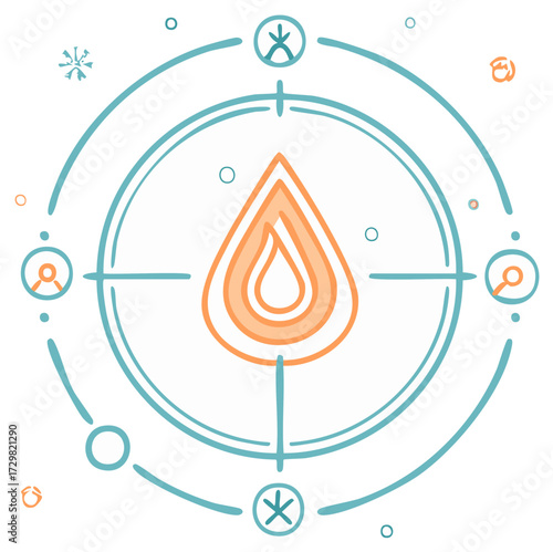 Abstract Fiery Symbol Centered Within a Teal Geometric Constellation