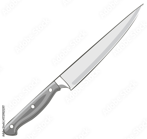 Culinary chef's knife with sharp steel blade and grey handle, kitchen utensil vector illustration
