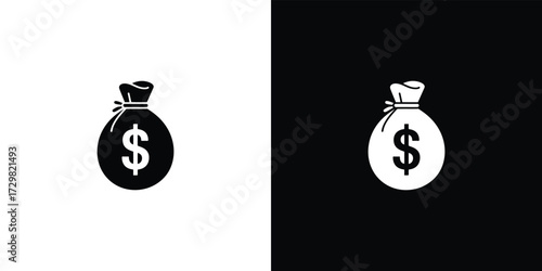 Isolated Money Bag Icon with Dollar Sign in Black and White Variations Displayed