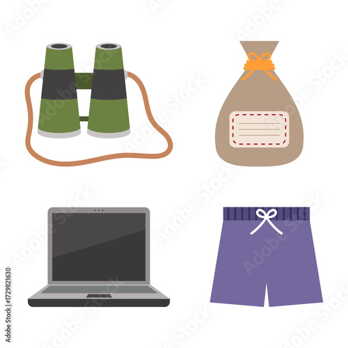 Collection of everyday objects including binoculars, a sack, a laptop, and shorts on a white background