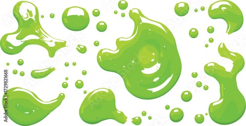 Green slime splash illustration with liquid drops, glossy goo vector design, dripping messy fluid artwork, cartoon slime element, toxic paint splatter graphic art