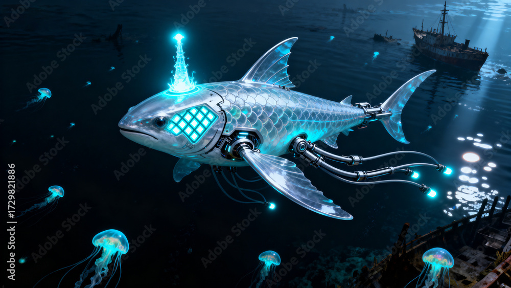 Naklejka premium Cybernetic shark underwater with jellyfish