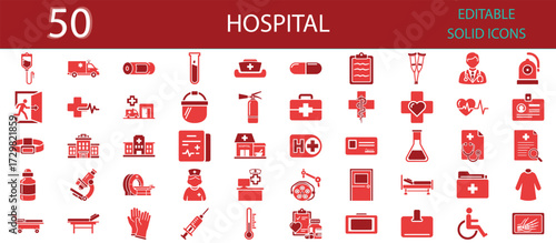 Hospital icons set. Healthcare facility, emergency, ambulance, doctor, nurse, surgery, patient, stethoscope, syringe, medicine, clinic, and hospital services. Editable solid icon