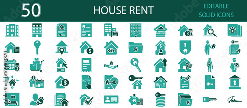 House rent icons set. Real estate, rental agreement, tenant, landlord, key, property, building, lease, apartment, home, contract, and housing rental service. Editable solid icon.