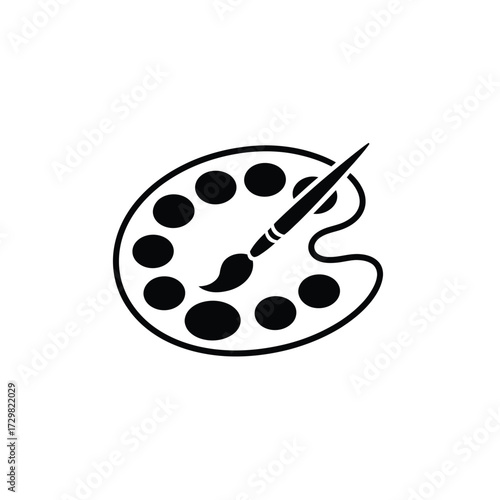 Minimalist Icon of an Artist's Palette with Paintbrush in Black and White