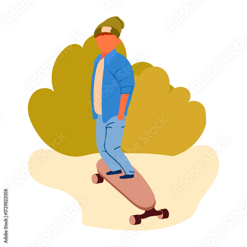Young person in beanie and jacket enjoying a skateboard ride outdoors